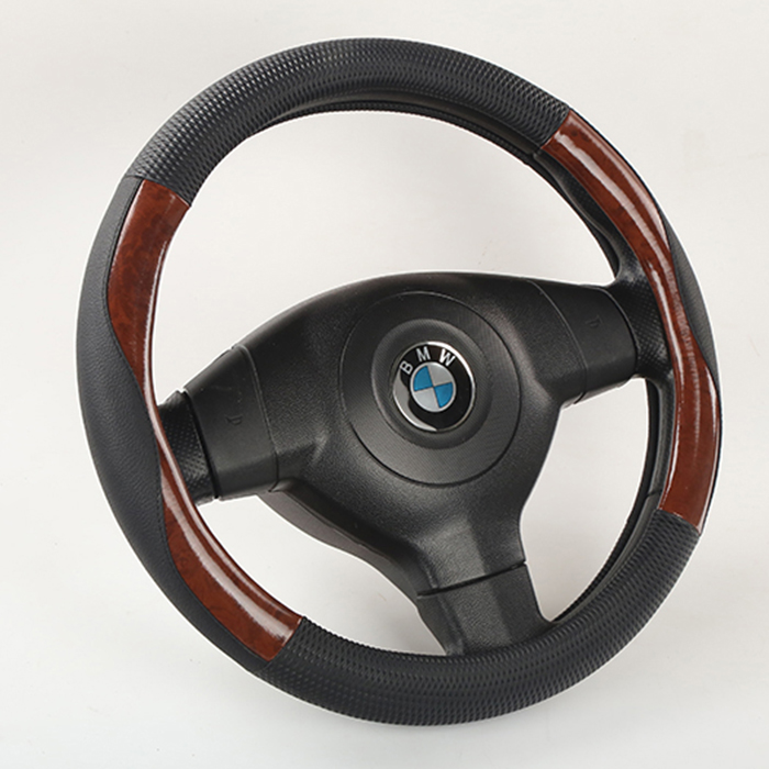 Dark Wood Grain Steering Wheel Cover for Auto Car , Premium Syn Leather, Gray Beige Black Wood