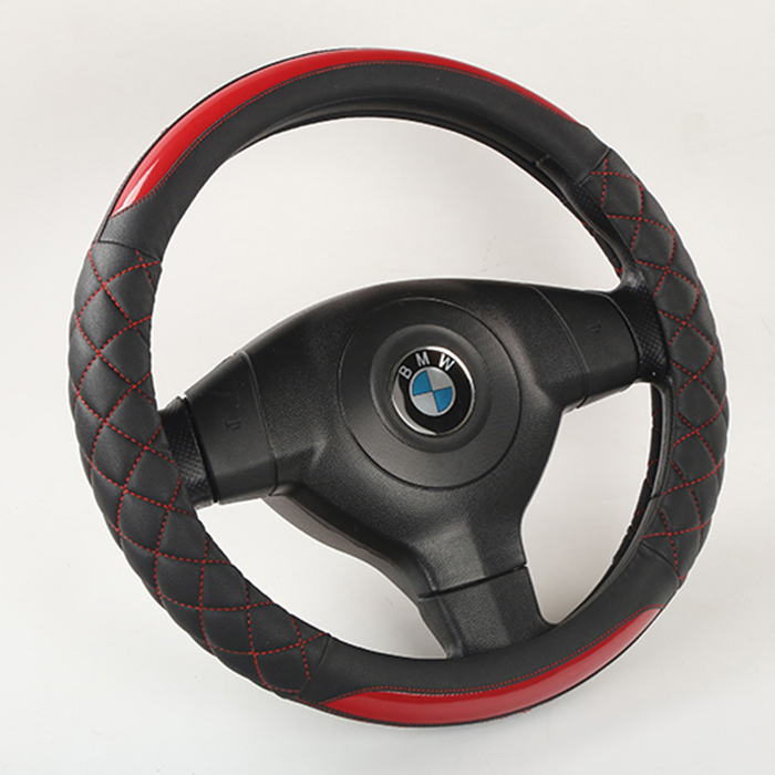GripDrive Pro Synthetic Leather Car Steering Wheel Cover Black with Red Accent Stitching
