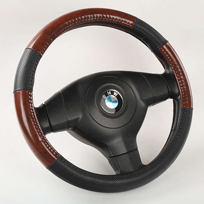 Dark Wood Grain Steering Wheel Cover for Auto Car , Premium Syn Leather, Gray Beige Black Wood Perforated breathable steering wheel cover